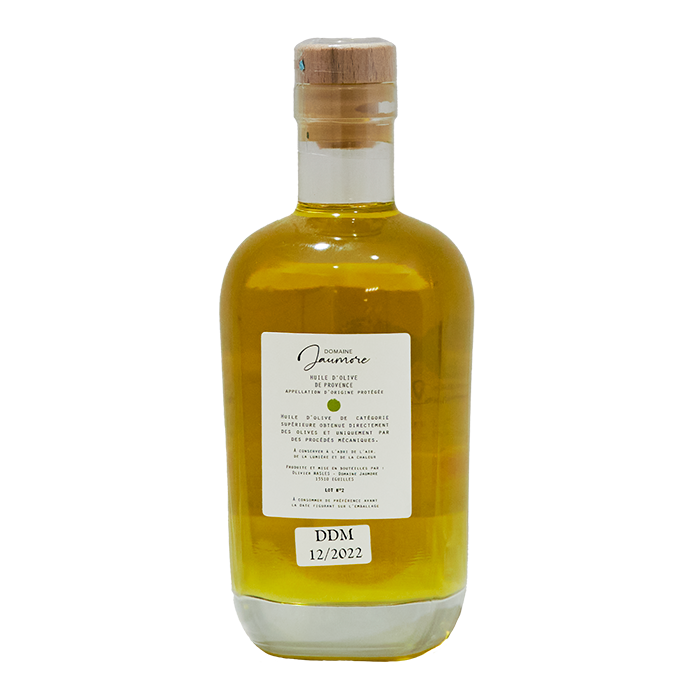 Bouteille huile d'olive d'Aix Jaumore contre étiquette